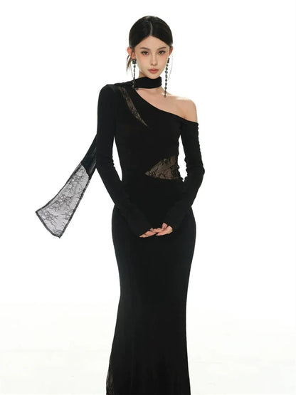 Black Shimmering Lace-Paneled Off-The-Shoulder Slim-Fit Knit Evening Dress