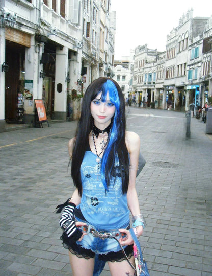 Blue American Vintage Print Halter Fake Two-Piece Y2K Tank Top