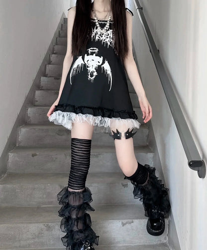 Black Demon Camisole Dress Subculture Punk Y2K E-girl Retro Lace Trimmed Summer Dress