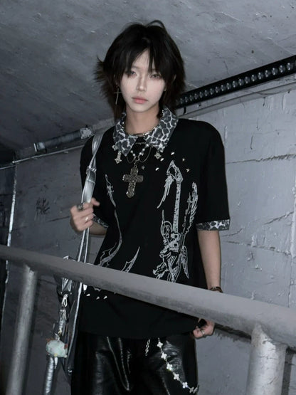 Y2K Black Short Sleeve Polo Tee Leopard Patchwork Summer Loose Fit Visual Kei Top
