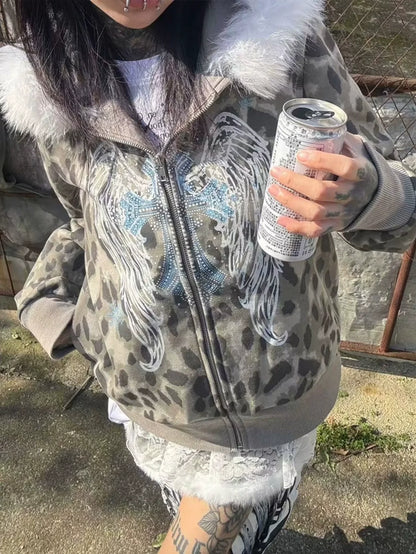 Y2K Leopard Fur Collar Cropped Hoodie Top