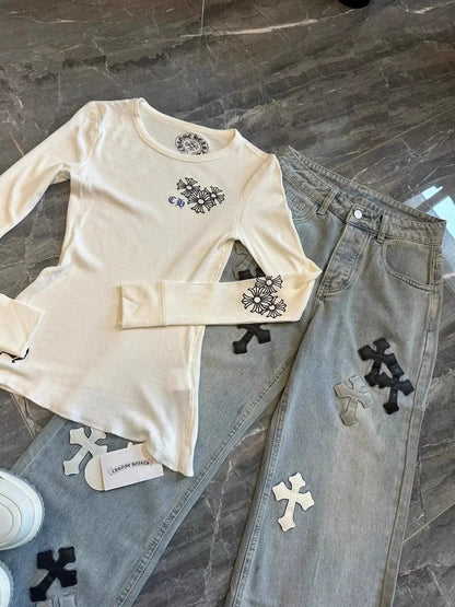 White Cross Print Subculture Y2K E-girl Light Subculture American Retro Abi Long Sleeve Top