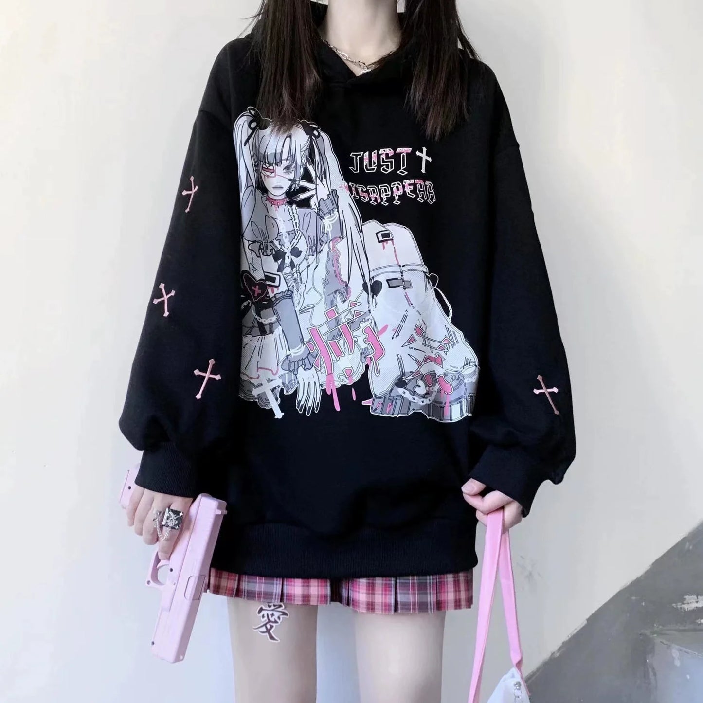 Black Y2K Japanese Anime Print Hoodie