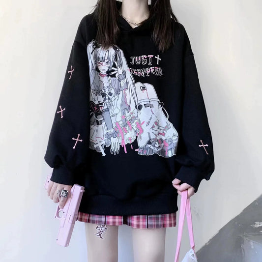 Black Y2K Japanese Anime Print Hoodie