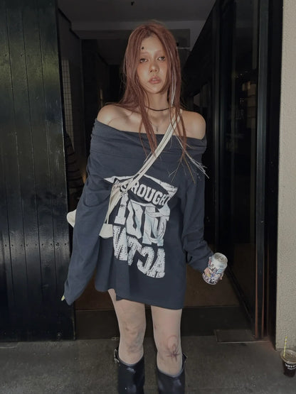 Retro One Shoulder Diamond Letter Tee