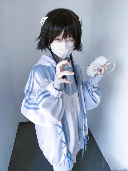 Blue White Y2K Soft Girl Zip-Up Hoodie