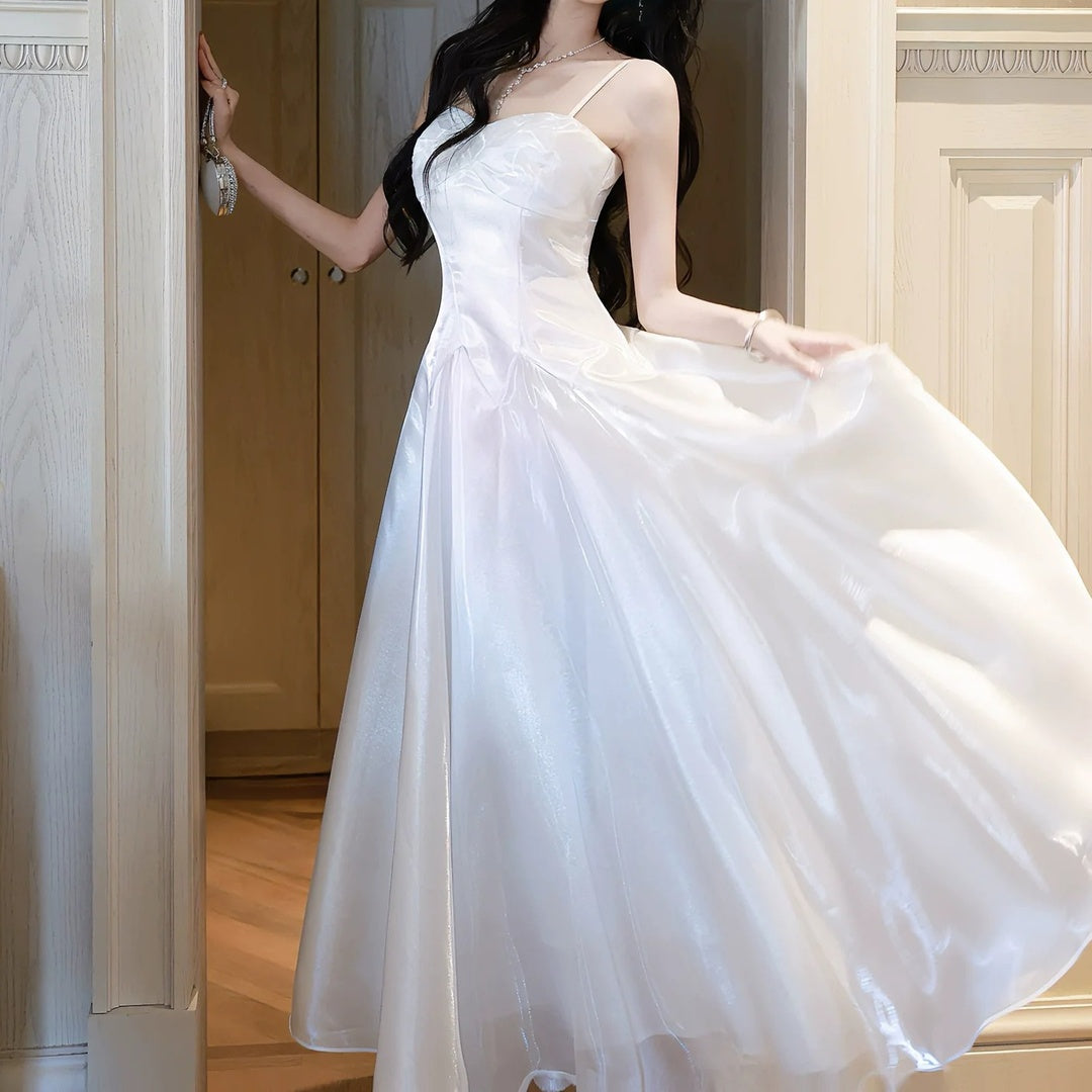 French White Satin Spaghetti Strap Gown Dress