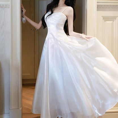 French White Satin Spaghetti Strap Gown Dress
