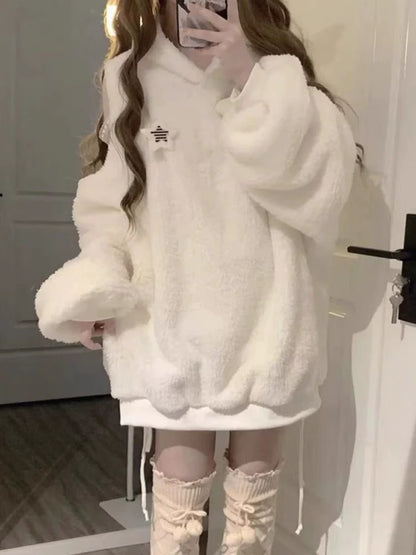 Snow White Y2K Japanese Sheep Off-Shoulder Lamb Fleece Hoodie