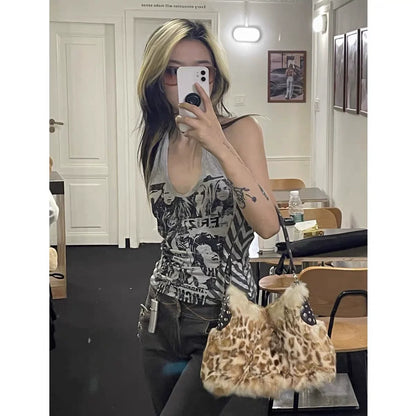 Gray Subculture Punk Y2K E-girl Retro Halter Print Tank Top