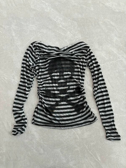 Black & Gray Subculture Punk Rock Gothic Y2K Shibuya Girl Striped Skull Slim Long Sleeve Top