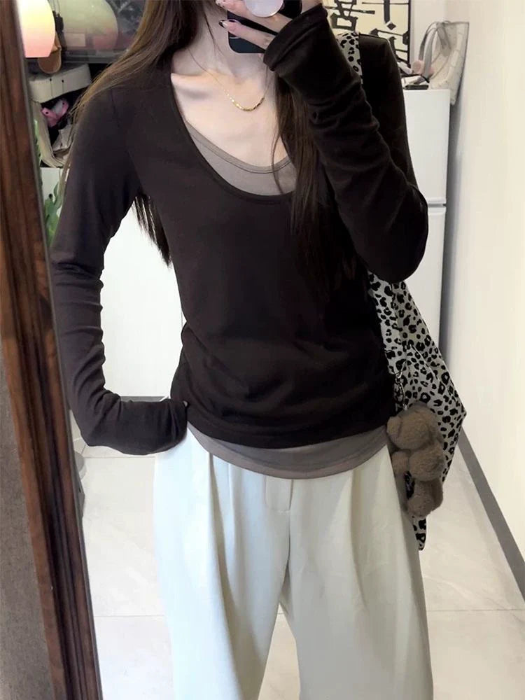 Coffee Fake Two-Piece Subculture Y2K E-girl Light Subculture Vintage Retro Long Sleeve Top