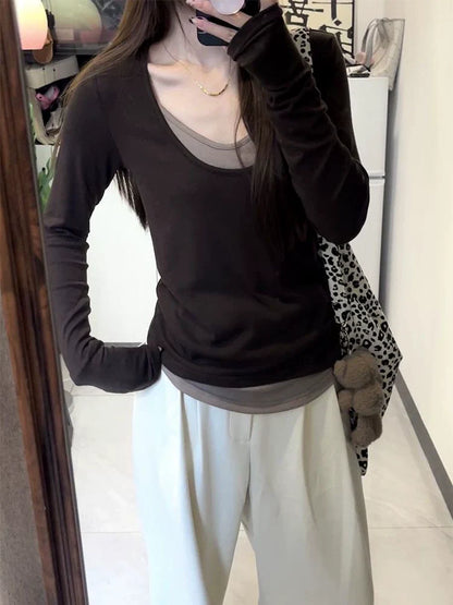 Coffee Fake Two-Piece Subculture Y2K E-girl Light Subculture Vintage Retro Long Sleeve Top