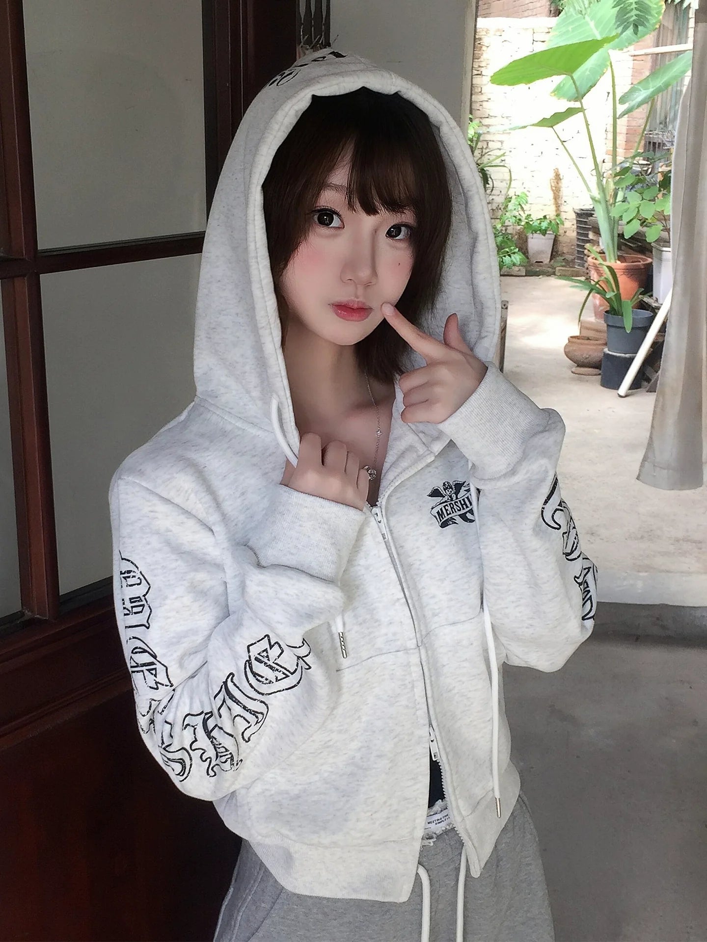 American Letter Print Zip Hoodie Cropped Vintage Sweatshirt Jacket