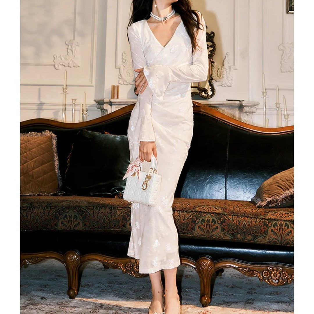 French White Flocked Long Sleeve Gown Dress