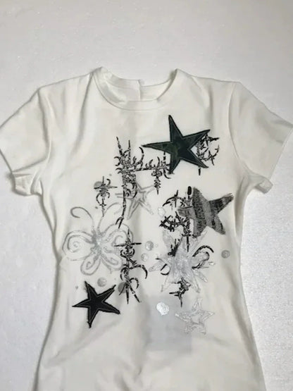 White Subculture Y2K E-girl Abi American Retro Hand-Drawn Star Print Light Subculture Short Sleeve Top