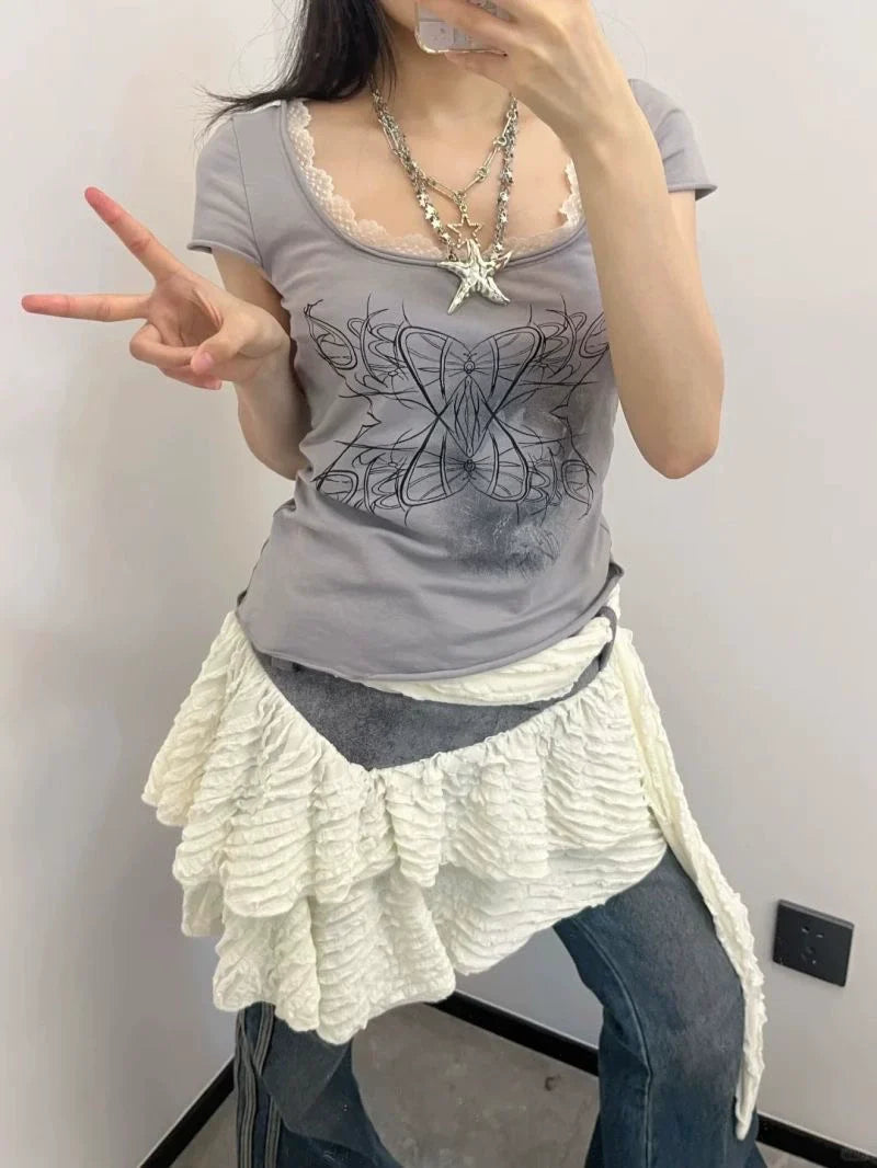 Gray Subculture Y2K E-girl Retro Lace Square-Neck Print Niche Slim-Fit Top