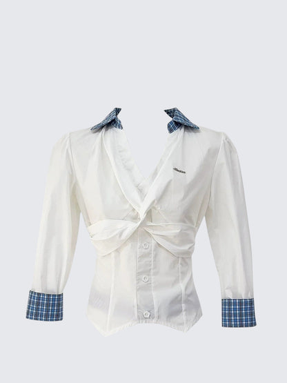 French V-Neck Checkered Polo Blouse