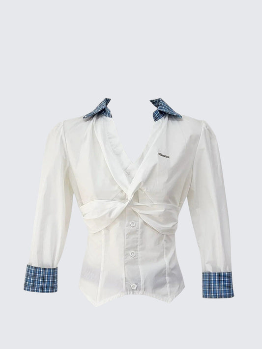 French V-Neck Checkered Polo Blouse