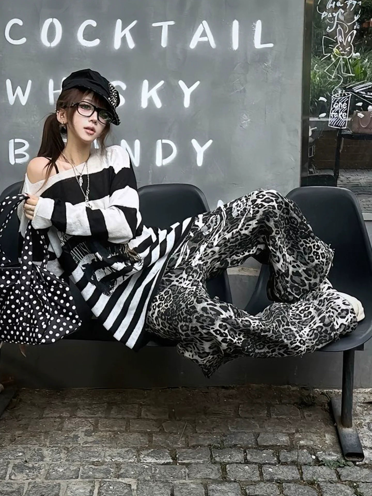 Y2K Black & White Striped Sweater Punk Knit Pullover Autumn-Winter Loose Fit Top