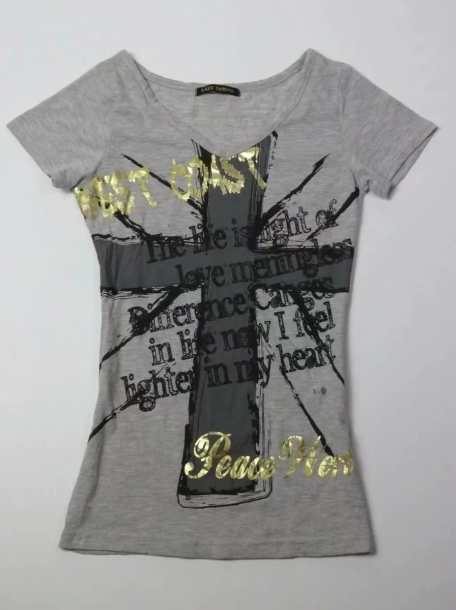 Gray Rock Punk Cross Print Y2K T-Shirt