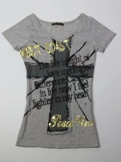 Gray Rock Punk Cross Print Y2K T-Shirt