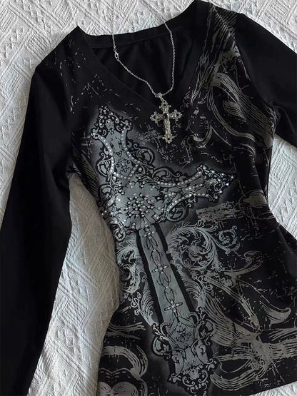 Black Tie-Dye V-Neck Long Sleeve Tee Y2K Top