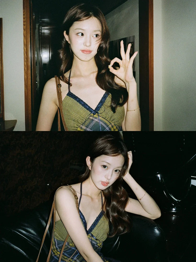 Retro Plaid V-Neck Halter Backless Mini Dress