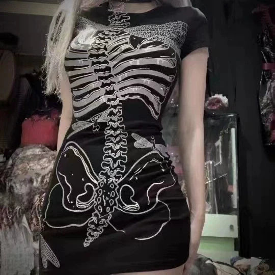 Black Bodycon Subculture Punk Y2K E-girl Gothic Skull Skeleton Print Dress