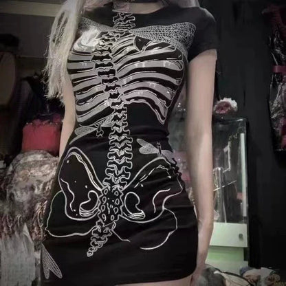 Black Bodycon Subculture Punk Y2K E-girl Gothic Skull Skeleton Print Dress