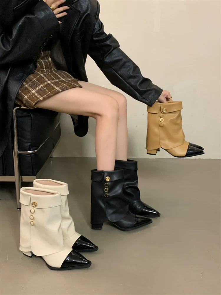 Minimalist Chic Color Block Chunky Heel Ankle Boots Women Fall Winter New Fashionable Versatile Pointed Toe Trouser High Heel Biker Boots