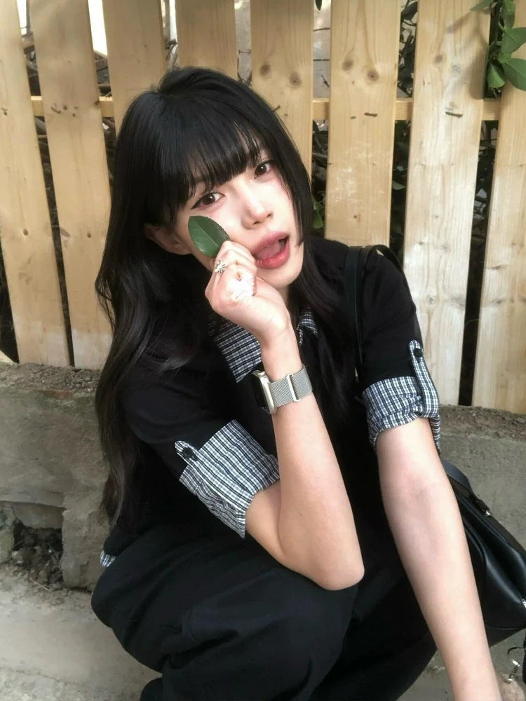 Preppy Black Plaid Polo Tee Layered Short Sleeve Fitted Top