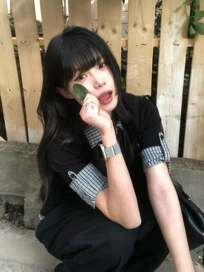 Preppy Black Plaid Polo Tee Layered Short Sleeve Fitted Top