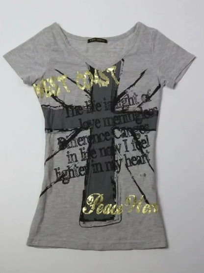 Gray Rock Punk Cross Print Y2K T-Shirt