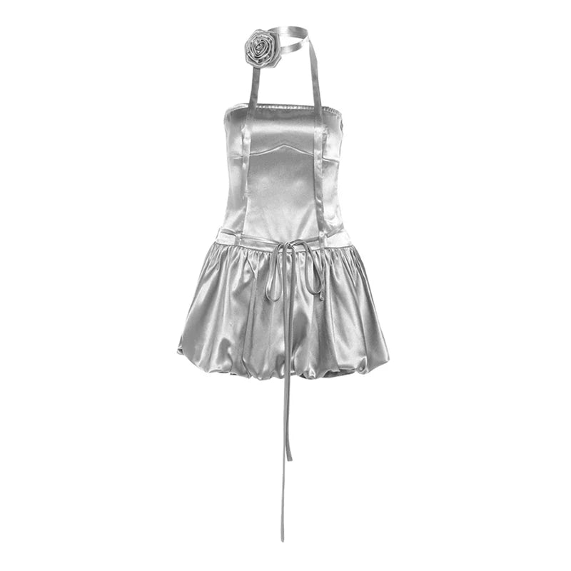 Silver Floral-Embellished Waist-Cinched Tube Top Dress With Versatile Shorts