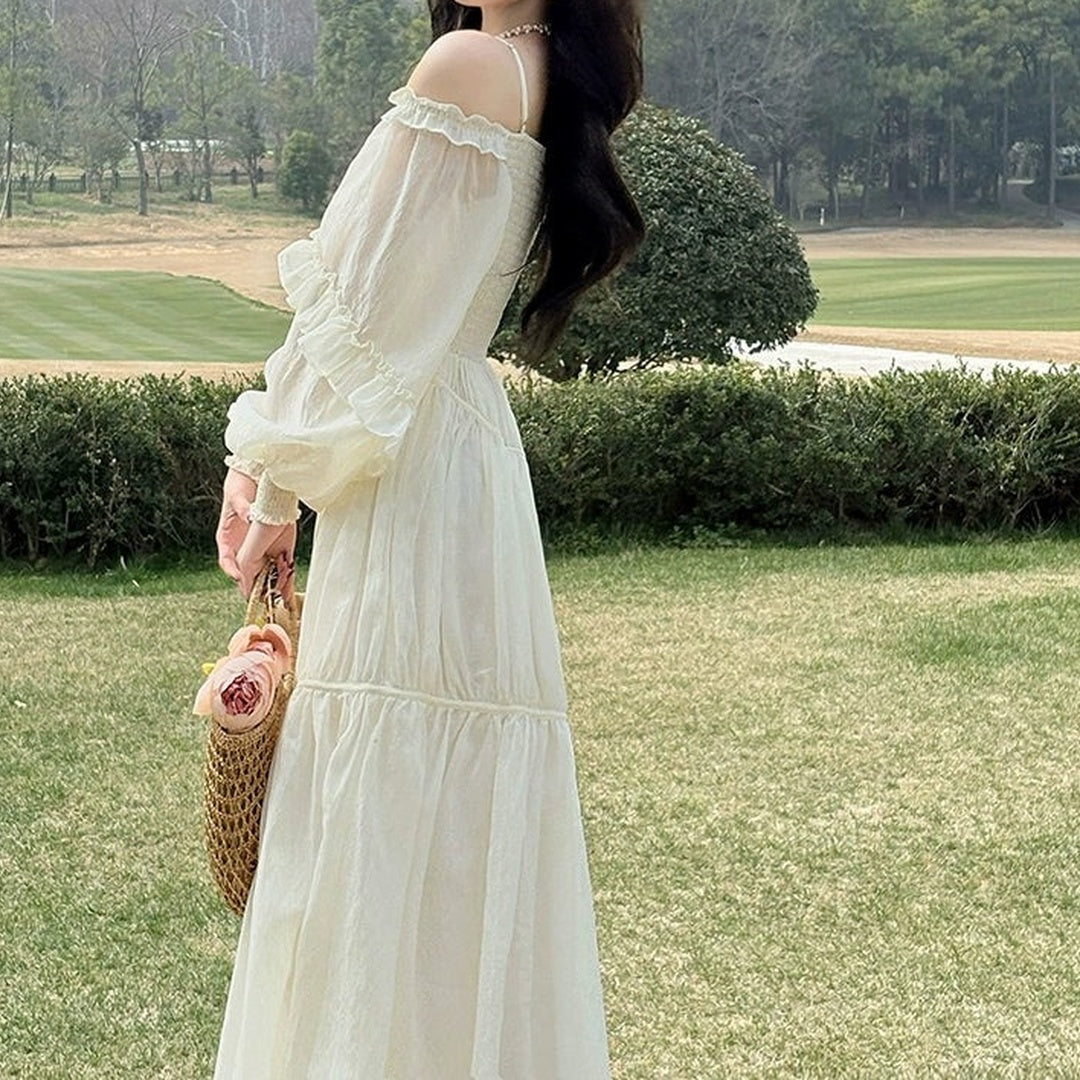 French V Neck Spaghetti Strap Bubble Sleeve White Gown Dress