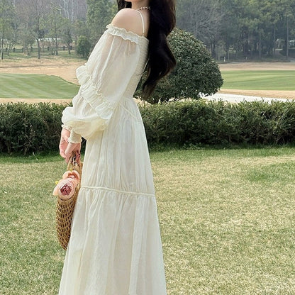 French V Neck Spaghetti Strap Bubble Sleeve White Gown Dress