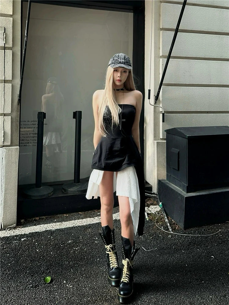 Black Tube Top Open-Back Asymmetrical Midi Dress