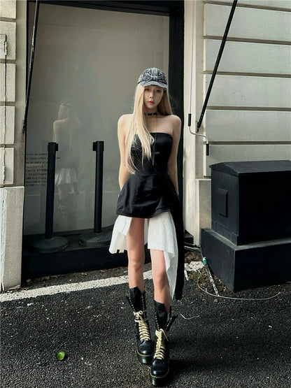 Black Tube Top Open-Back Asymmetrical Midi Dress