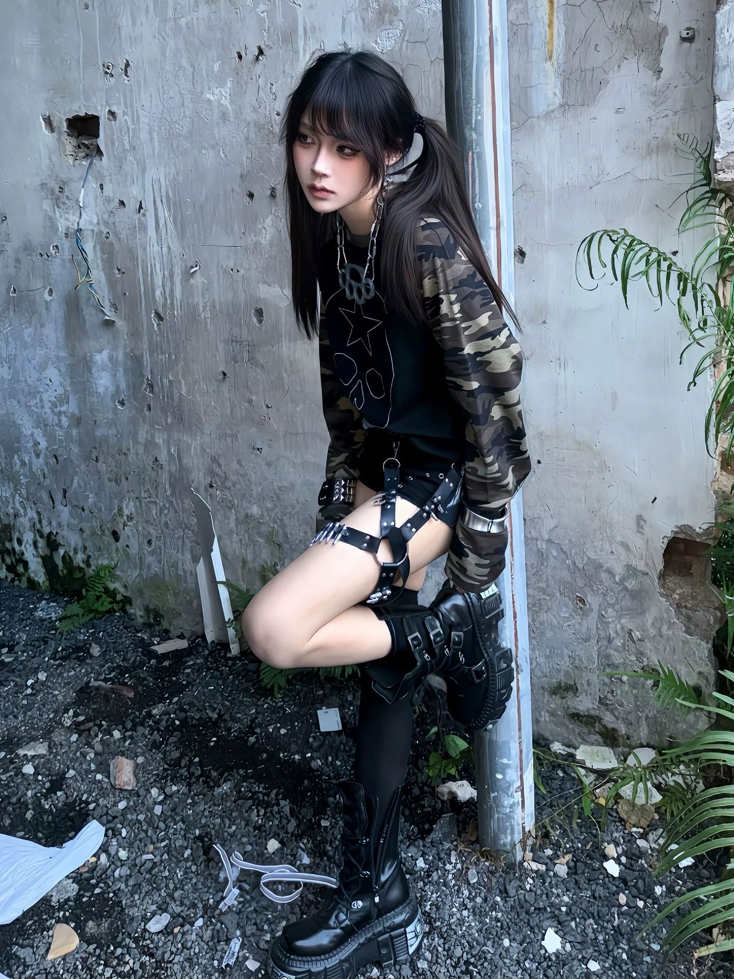 Y2K Camo Skull Long Sleeve Tee Vintage Millennium Alt Top