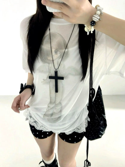 Y2K White Angel Sheer Tee Otaku Soft Mesh Layer Top
