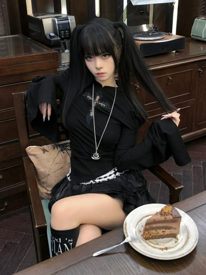 Y2K Flared Embroidered Lace-Up Long Sleeve Top for Early Autumn