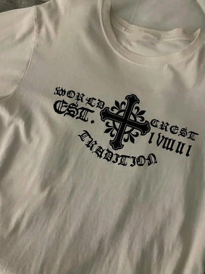 White Subculture Y2K E-girl Abi American Retro Vintage Print Short Sleeve Top