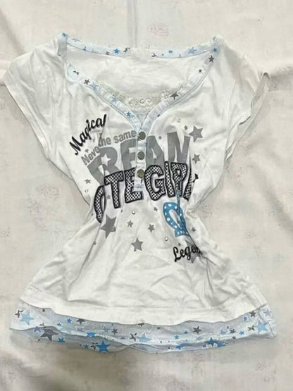 Vintage V-Neck Fake Two-Piece Y2K T-Shirt