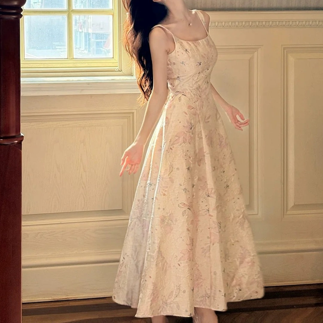 French Princess Floral Square Neck Spaghetti Strap Gown Dress
