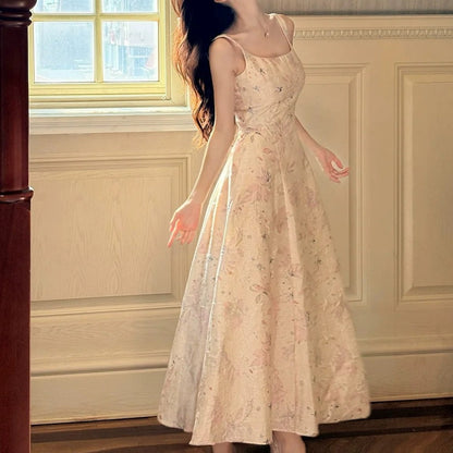French Princess Floral Square Neck Spaghetti Strap Gown Dress