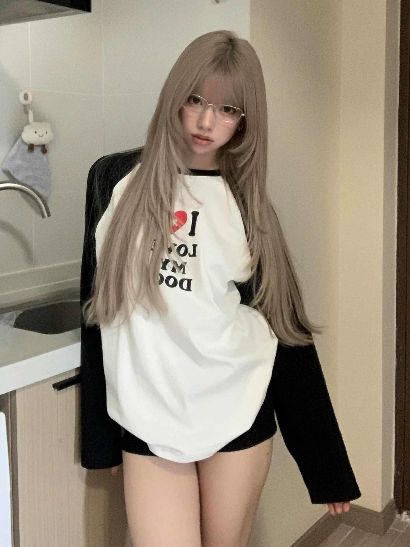 Retro Raglan Long Sleeve Tee Colorblock Heart Print Top