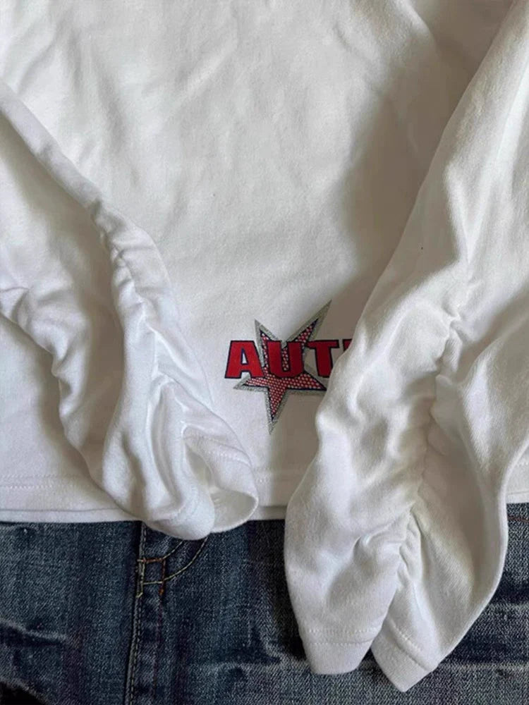 White Gothic Rock Punk Vintage Drawstring Print Long-Sleeve Y2K T-Shirt