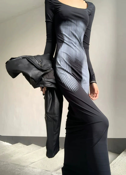 Black High-Stretch Printed Bodycon Maxi Dress