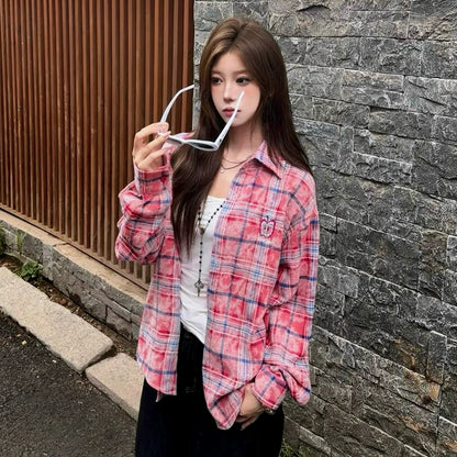 Retro Plaid Embroidered Shirt Apple Stitch Detail Overshirt